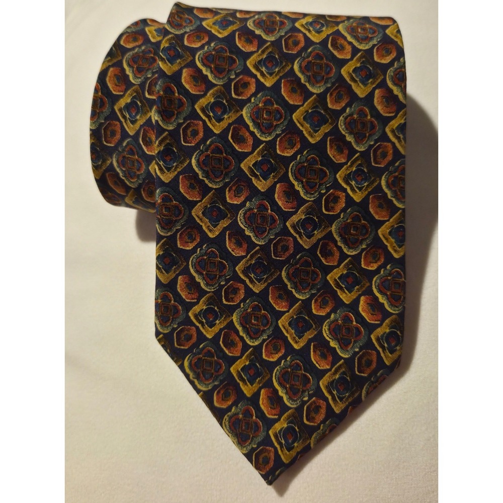 Mallory & Church London Silk Tie Navy Blue Gold Burgundy Geometric Medallion